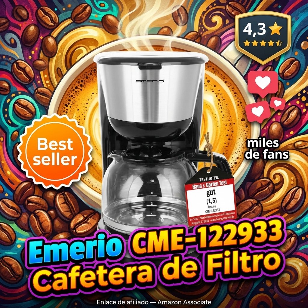 Emerio CME-122933 Cafetera de Filtro — 1,25L, 10 tazas, filtro permanente, antigoteo, jarra de cristal, apagado automático, 1000W