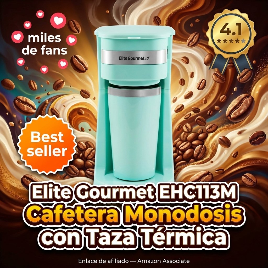 Elite Gourmet EHC113M Cafetera Monodosis con Taza Térmica — Compacta, café molido, filtro reutilizable, 414 ml, color menta
