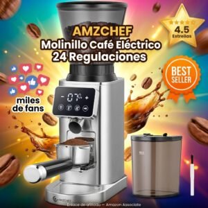 AMZCHEF Molinillo Café Eléctrico 24 Regulaciones con Muelas – panel táctil LCD