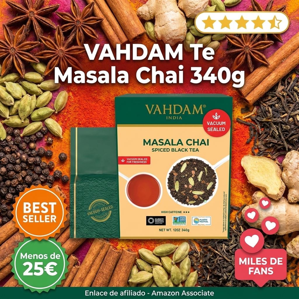 VAHDAM Té Masala Chai a Granel | 340g (170+ Tazas) | Té Negro de la India con Especias | Con Cardamomo, Canela, Clavo y Pimienta Negra | Envasado en India