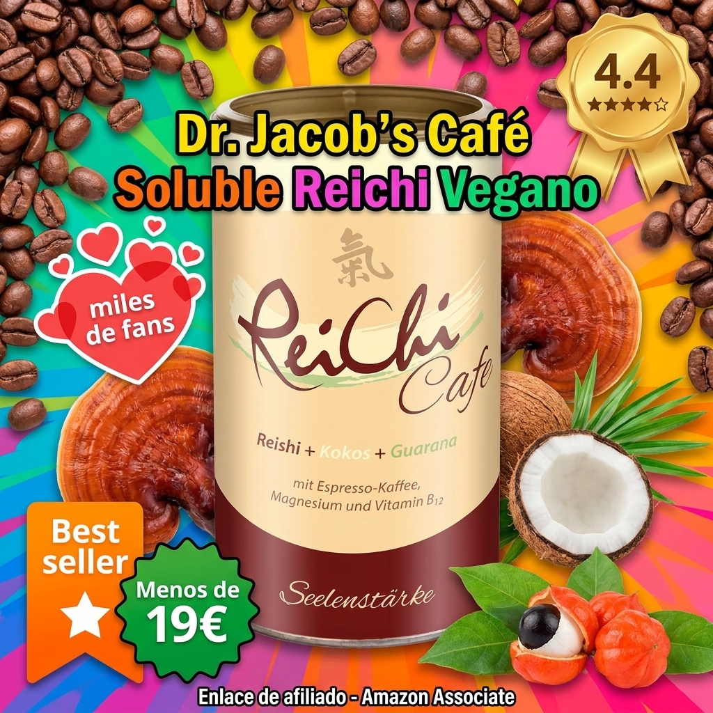 Dr. Jacob´s Café Soluble Reichi Vegano con Seta Reishi y Extracto de Guaraná y Ginseng Enriquecido con Magnesio y Vitamina B12 I Café Energizante Sin Glúten Lactosa ni Soja I Lata 180 g I 36 tazas