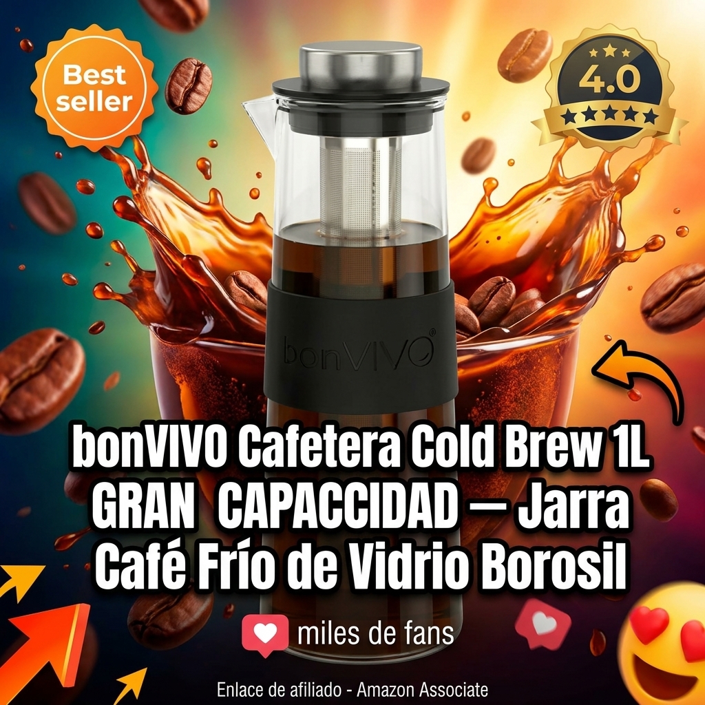 bonVIVO Cafetera Cold Brew 1L GRAN CAPACIDAD – Jarra Café Frío de Vidrio Borosilicato con Filtro de Malla Fina – Solo Agua Fría – Cabe en Nevera