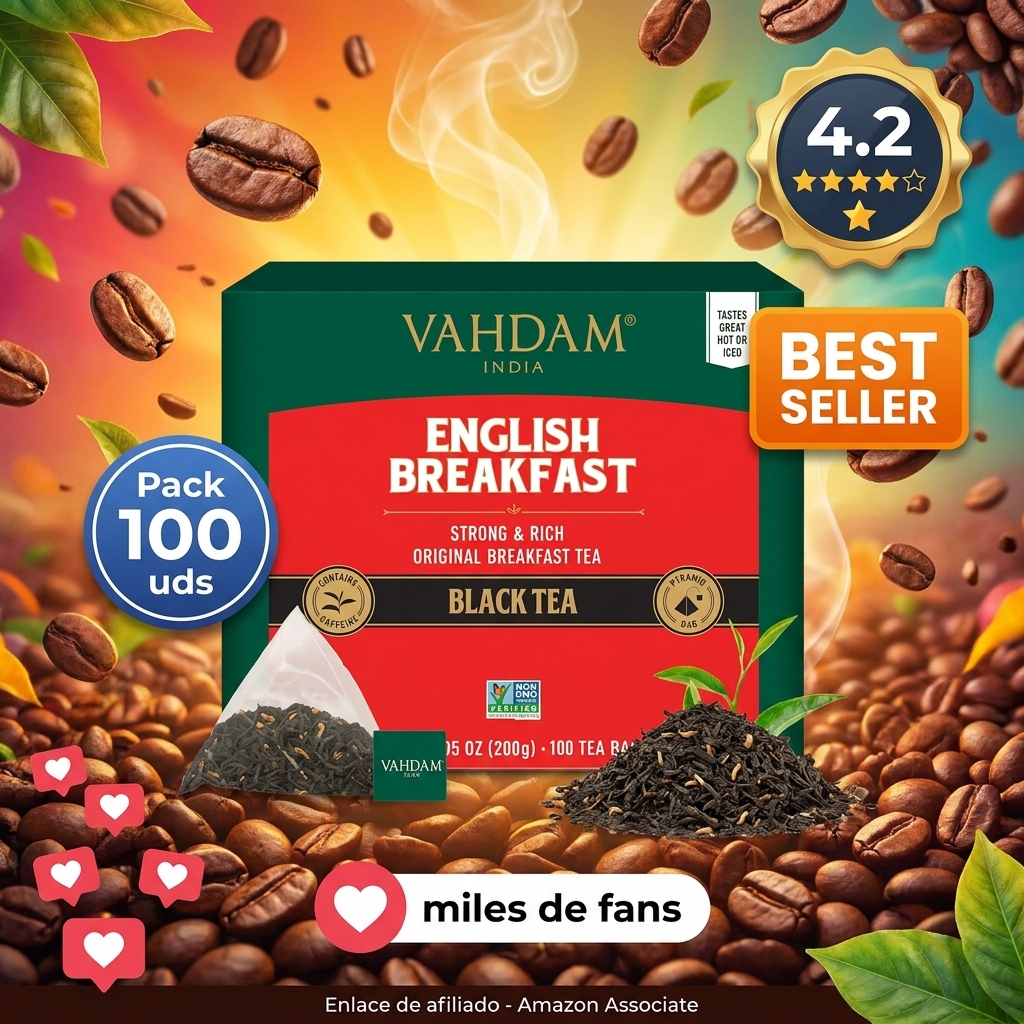 VAHDAM, English Breakfast Té Negro (100 Piramidales Bolsitas De Té) Fuerte, Robusto Y Sabroso | Ingredientes 100% Naturales, Envasado Fresco En La India | Caliente, Frío O Como Kombucha