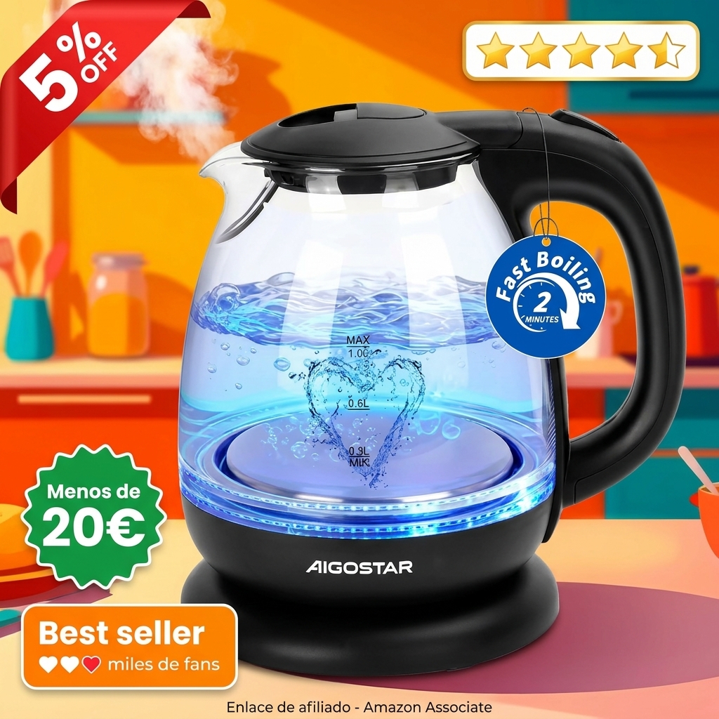 Aigostar Elfin - Hervidor agua electrico 1 litro, 2200W hervidor de agua pequeño, iluminación LED, Vidrio de borosilicato, Rápida ebullición, Libre de BPA, Negro, Portátil para el hogar o viajes