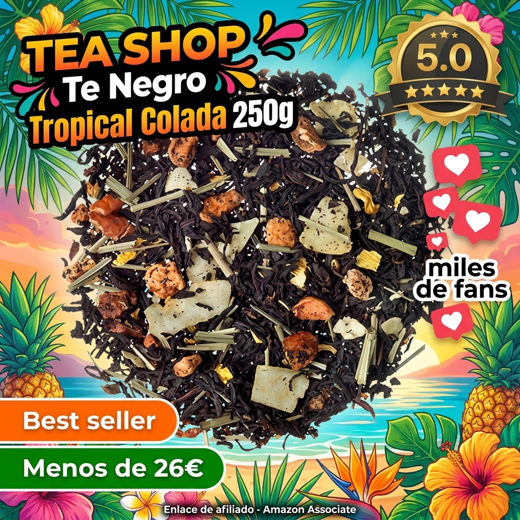 TEA SHOP - Té Negro Tropical Colada 250g - 125 Tazas - Formato a Granel - Black tea - En Hojas - Con Coco y Piña - Antioxidante y Energizante - Té Frío - Perfecto para Verano