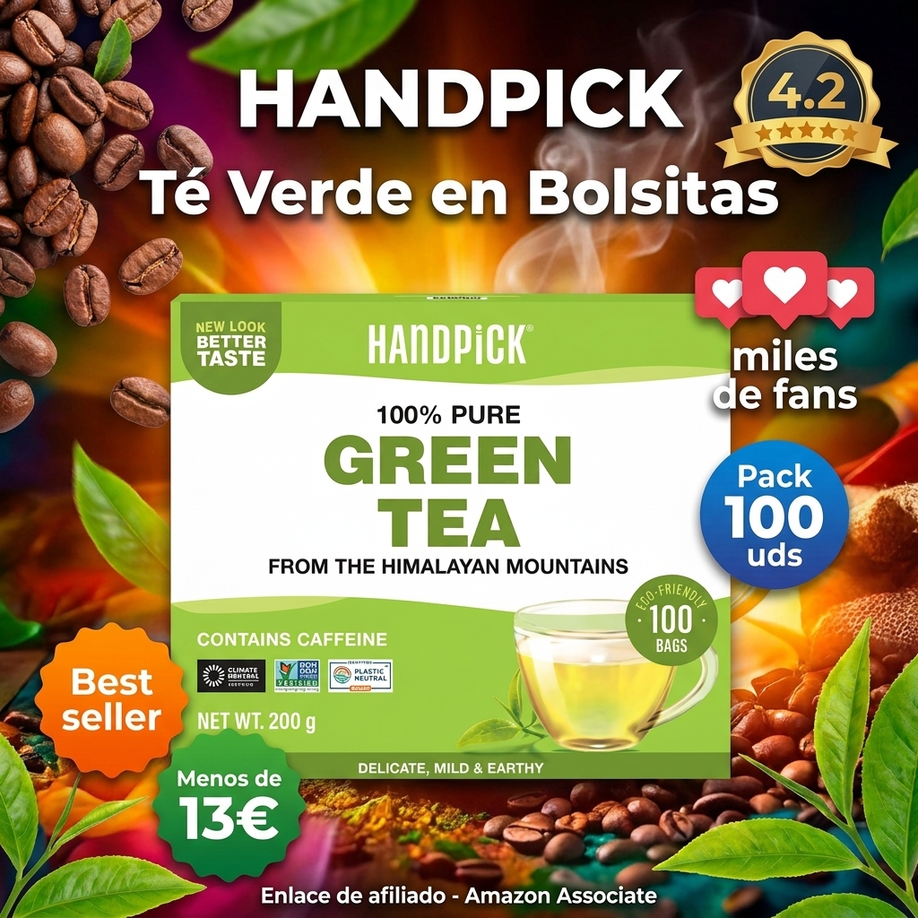 HANDPICK, Té Verde en Bolsitas - 100 Bolsitas Redondas Ecológicas - Contiene Cafeína - Con Hojas De Te Verde 100% Puras - No-OGM - Sellado al Vacío para Frescura