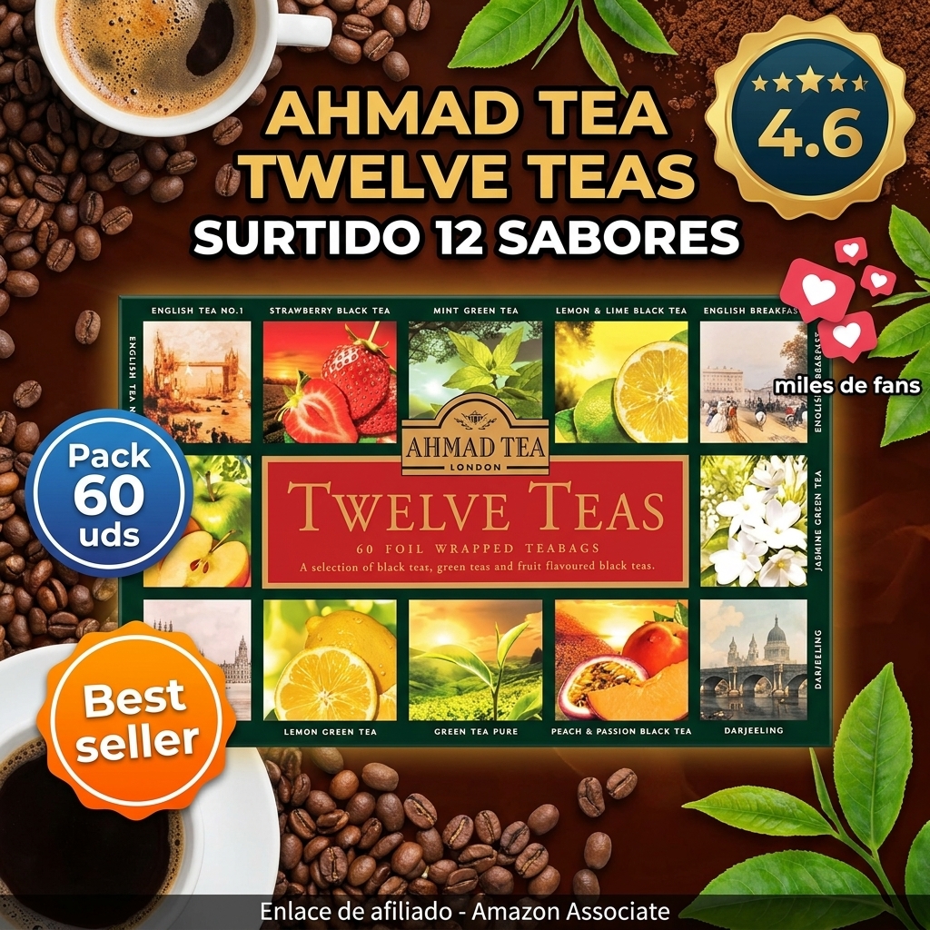 Ahmad Tea - Twelve Teas - Surtido de 12 tipos de té negro y té verde con diferentes sabores - 60 bolsitas de té envueltas individualmente, selladas con aroma y con cinta, 120g de té