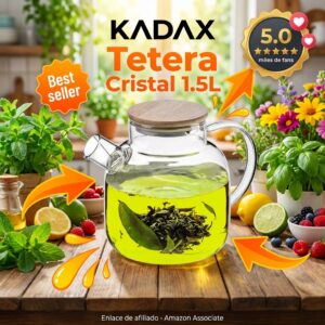 Tetera de Cristal KADAX 1,5 L con Filtro y Tapa Bambu