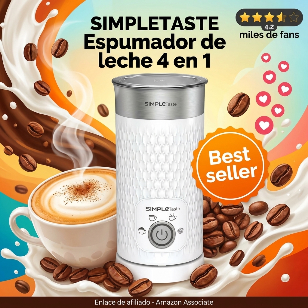 SIMPLETASTE Espumador de Leche Eléctrico 4 en 1, Espumador Automático para Leche Caliente y Fría, Calentador de Leche y Preparador de Chocolate Caliente, Ideal para Hacer Latte, Macchiato y Cappuccino