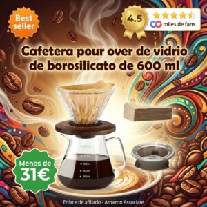 Cafetera Pour Over Vidrio Borosilicato 600 ml, Asa de Nogal