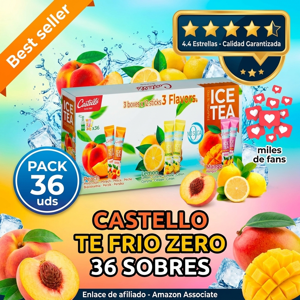 Castello since 1907 Té Frío (Ice Tea - Iced Tea) Zero & Instantáneo | Multipack 3 Sabores: Melocotón, Limón y Mango | Total 36 Sobres | Cero Calorías, Sin Azúcares, Sin Aspartamo
