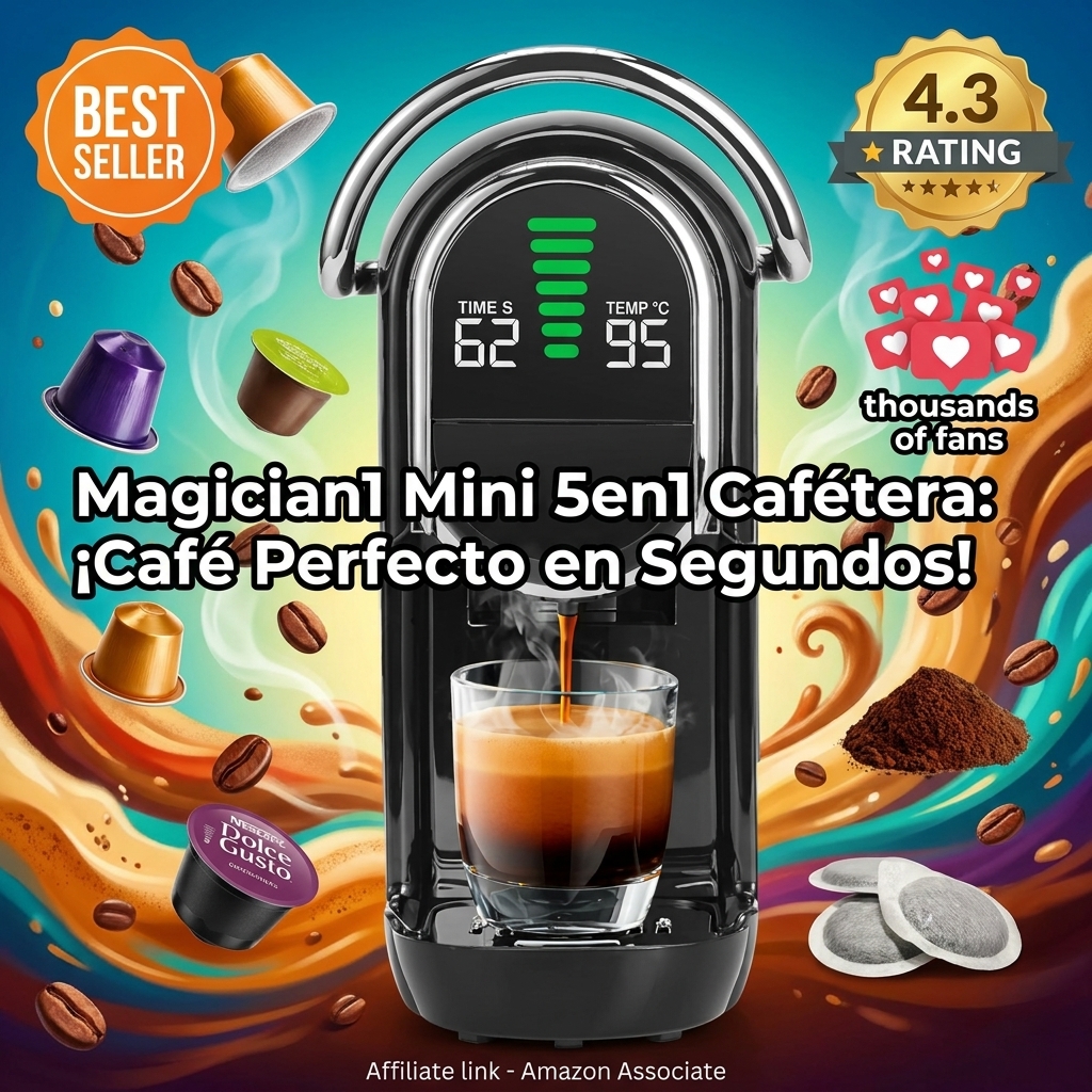 Magician1 Mini 5en1 Cafetera Cápsulas para Nespresso Original, Dolce Gusto, Lavazza A Modo Mio, ESE 44 y Café Molido, 20 Bares, 1450W, Pantalla LED, Máquina de Café Expreso Caliente o Frío