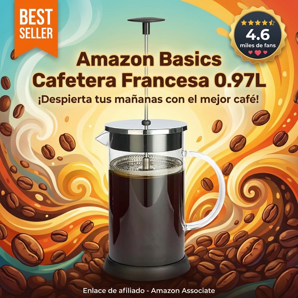 Amazon Basics Cafetera Francesa, 0,97L, Vidrio de Borosilicato, Libre de BPA, Piezas Desmontables Aptas para Lavavajillas