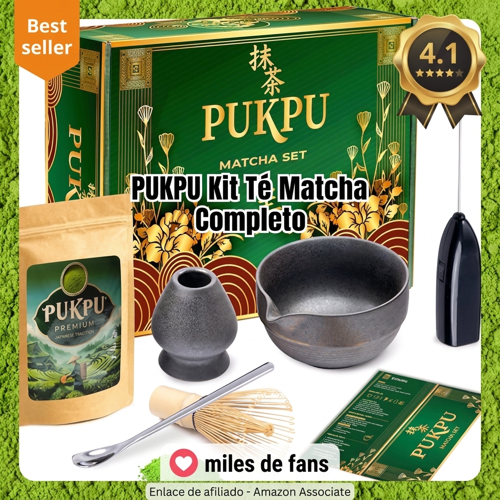 PUKPU Kit Té Matcha con Polvo – Set Japonés con Espumador Eléctrico, Batidor Bambú Chasen, Soporte, Cuchara, Cuenco, Tamiz y Caja Regalo