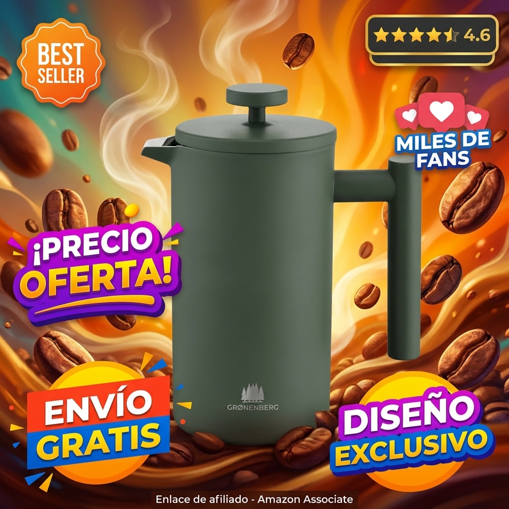 Groenenberg Cafetera francesa de colores I Prensa francesa + filtros de repuesto I French Press 0,6-1 litro I Cafetera embolo con función térmica (Forest, 600 ml)
