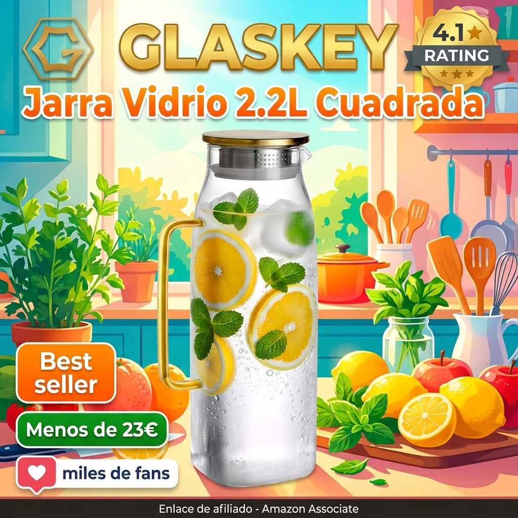GLASKEY 2,2 Litros Cuadrada Jarra de Vidrio con Tapa y asa para el Refrigerador,Jarra de Vidrio de Borosilicato para Bebidas Calientes o frías,té helado,café,jugo,bebidas caseras