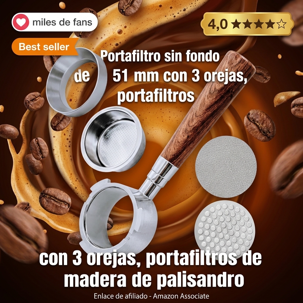 Portafiltro sin fondo de 51 mm con 3 orejas, portafiltros de madera de palisandro rojo para DeLong EC680/EC685/EC885, con tamiz de polvo, anillo dosificador de café (Style B)