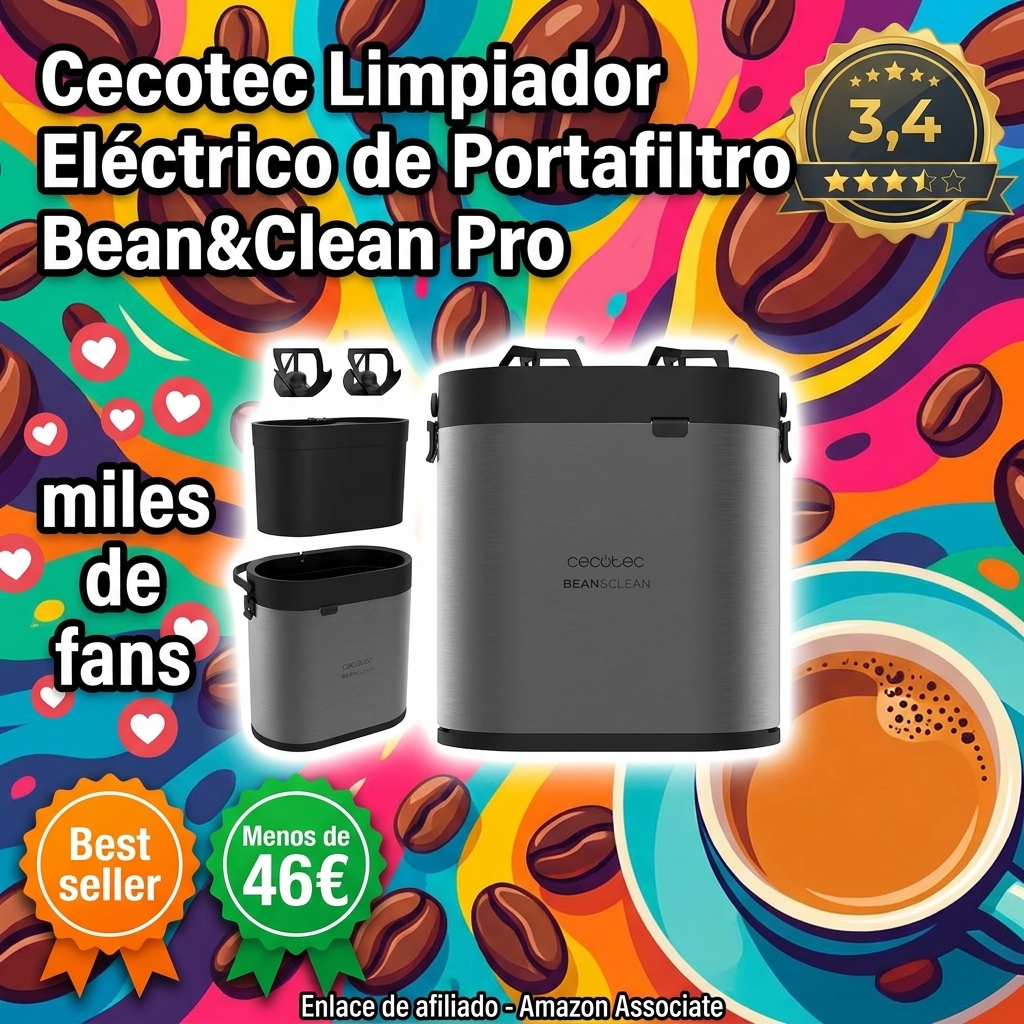 Cecotec Limpiador Eléctrico de Portafiltro de Café Bean&Clean Pro. Accesorios de Café, Incluye 2 Raspadores y 1 Cabezal de Limpieza, Velocidad de Rotación de 300/min, Compatible Portafiltros de 58mm