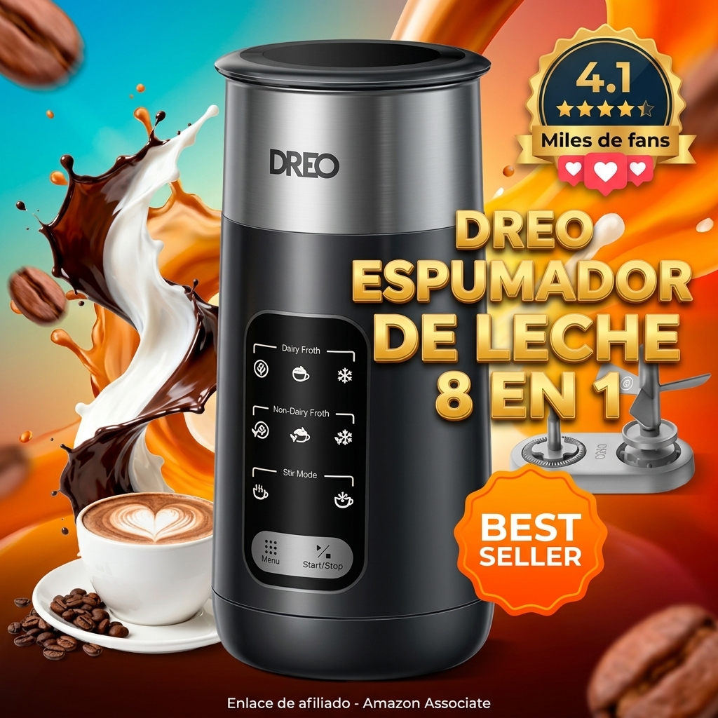 DREO Espumador de Leche Electrico, 8-in-1 Espumador Automático para Latte, Capuchino, Chocolate Caliente, 270ml Milk Frother de Acero Inoxidable, Espuma de Leche Caliente y Fría, LED, Fácil de Limpiar