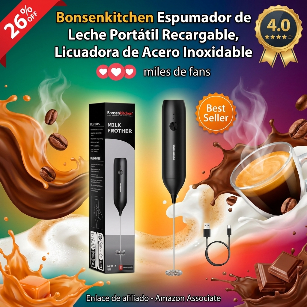 Bonsenkitchen Espumador de Leche Portátil Recargable, Licuadora de Acero Inoxidable Desmontable, Diseño de Bajo Ruido para Cappuccino, Matcha y Café, Regalo Ideal para Amantes del Café, Negro