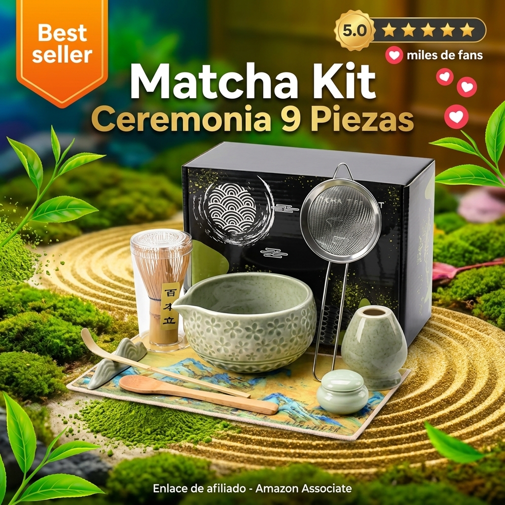Matcha Kit | Set de Regalo de Ceremonia del Té Matcha 9 Piezas | Cuenco 560ml, Batidor, Cuchara de Bambú, Soporte, Posavasos, Frasco y Colador | Ideal para Principiantes y Entusiastas (Verde)