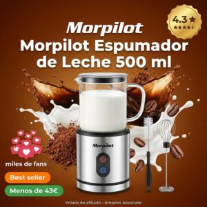 Espumador de Leche Morpilot 500 ml, 4 Funciones, Vidrio