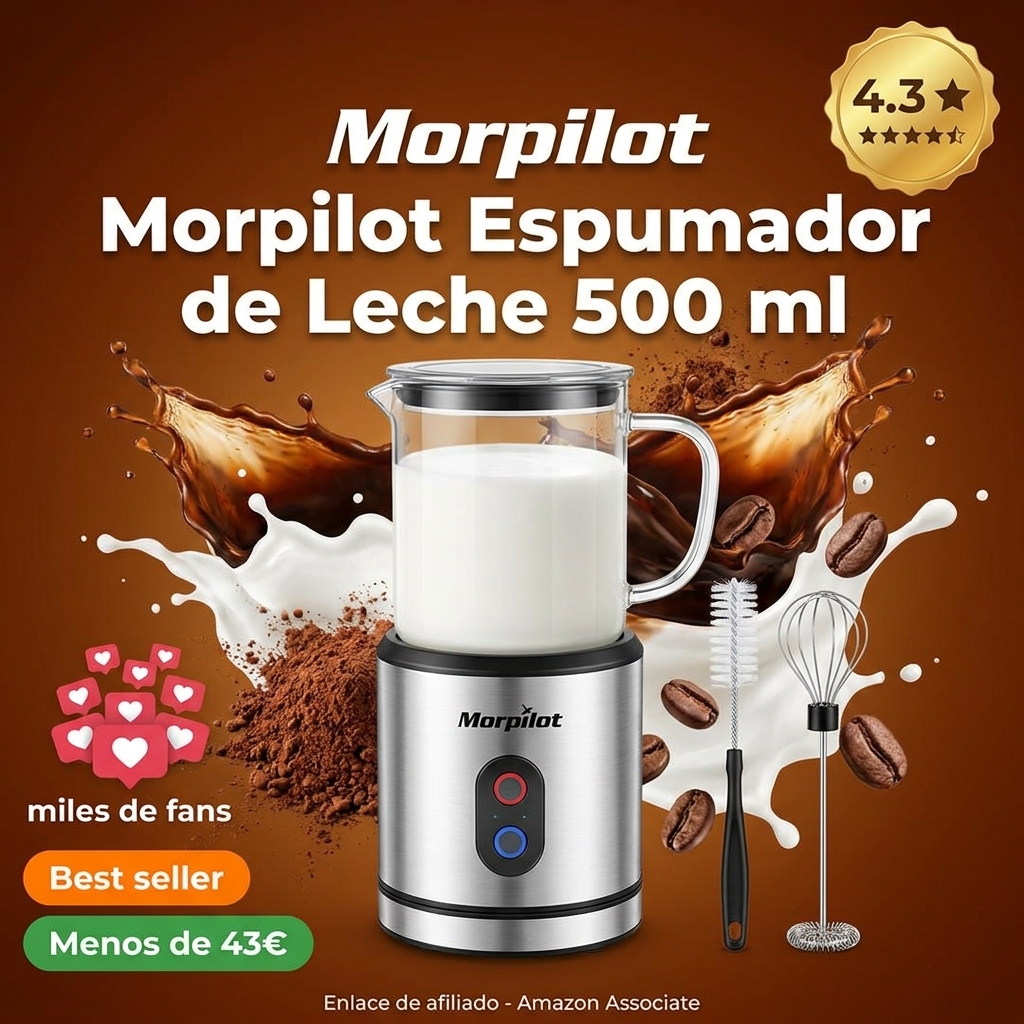 Morpilot Espumador de Leche Eéctrico 500 ml, Calentador de Leche 4 en 1 para Leche Caliente y Fría, Apto para Lavavajillas, Diseño Latte, Negro
