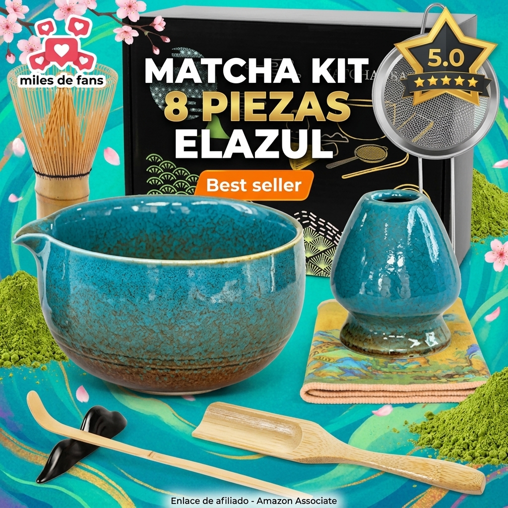 Matcha Kit 8 Piezas - Kit Té Matcha Completo con Tazón de Matcha con Pico, Batidor de Bambú (Chasen) y Accesorios Completos, Perfecto para Ceremonias Japonesas y Lattes Caseros (Elazul)