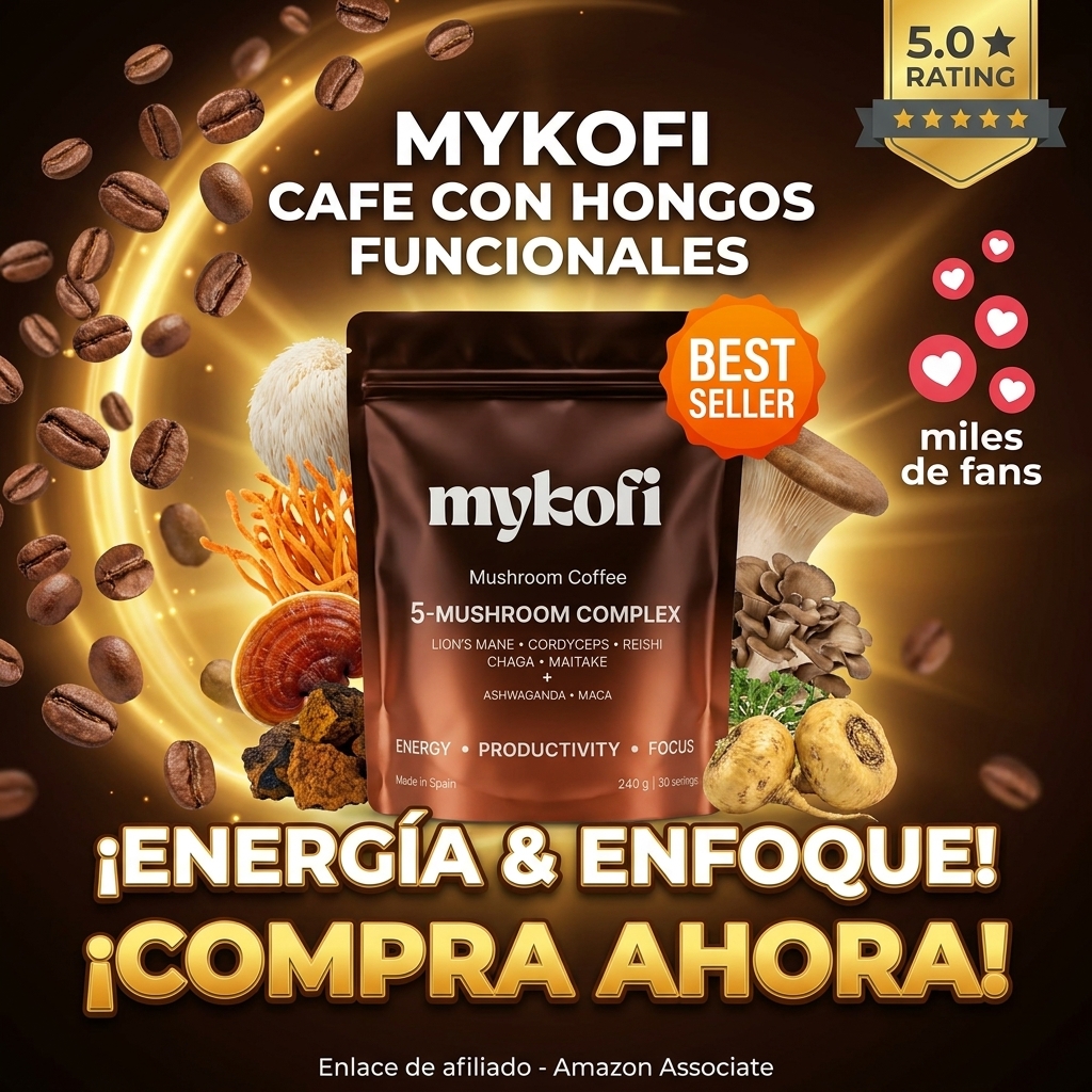 MYKOFI Café con Hongos Funcionales - Café Soluble con Melena de León, Cordyceps, Chaga, Reishi, Maitake, Maca y Ashwagandha - Energía Natural y Enfoque