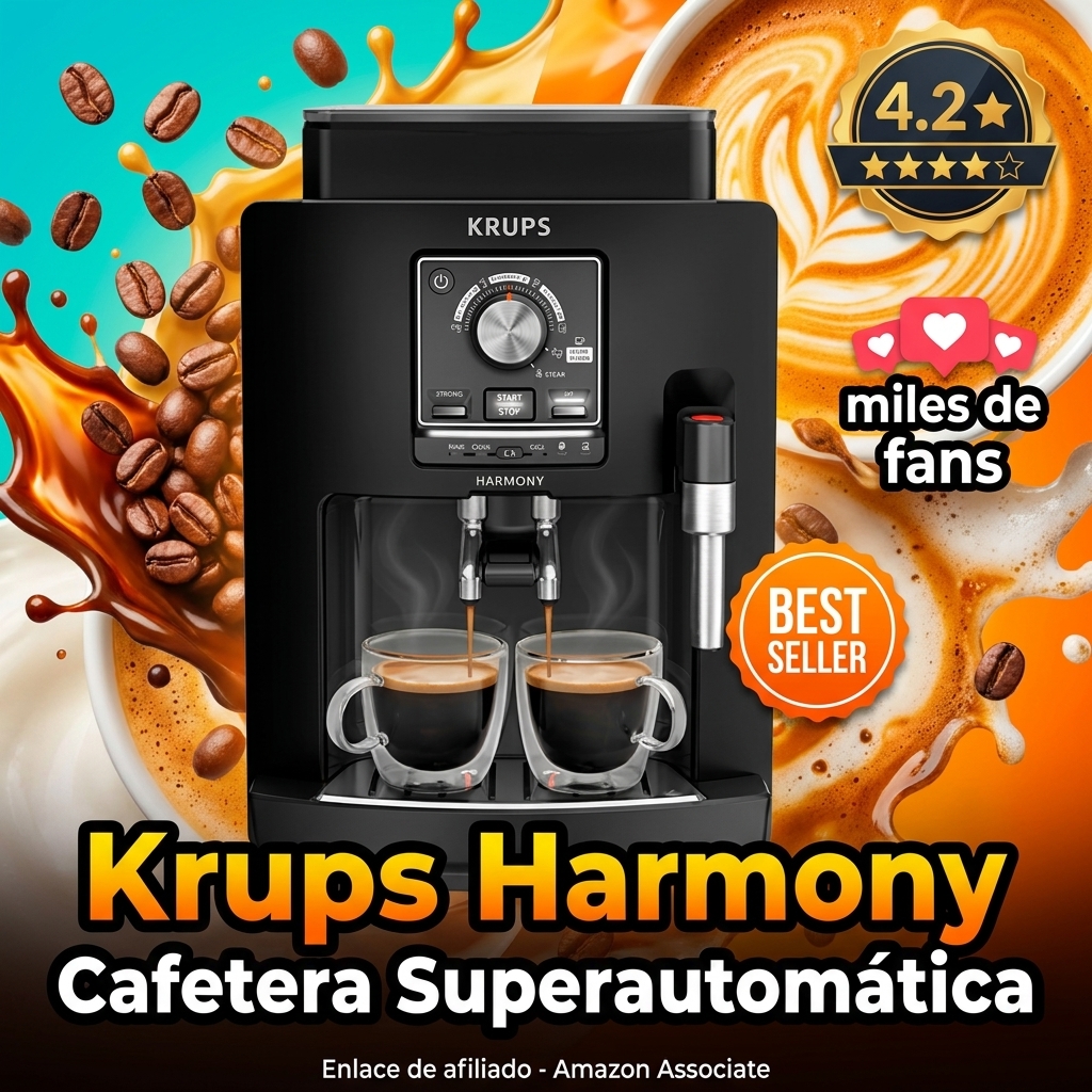 Krups Harmony, Cafetera Superautomática, 4 Bebidas de café y leche, Espumador De Leche, Limpieza automática, Funcioón de doble taza, Compacta, Color negro, EA5088E0