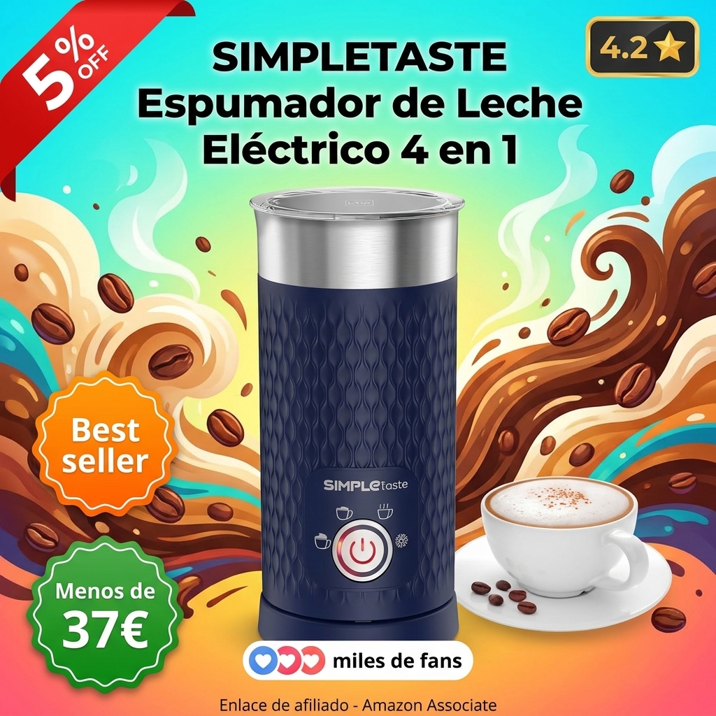 SIMPLETASTE Espumador de Leche Eléctrico 4 en 1, Azul | 4 Modos Multifuncionales, Fácil Limpieza, Apagado Automático, Espuma Fría/Caliente, Chocolate, Latte, Macchiato, Capuchino