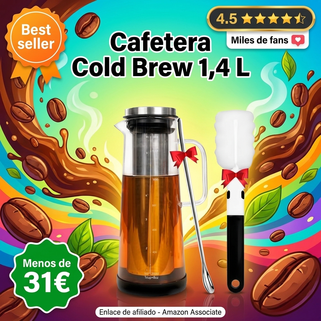 Cafetera Cold Brew de 1,4 L / 48 oz Con Mango, Filtro de Acero Inoxidable Extendido Para Extracción Profunda, Jarra de Té Helado Con Base Antideslizante, Incluye Cepillo de Limpieza Y