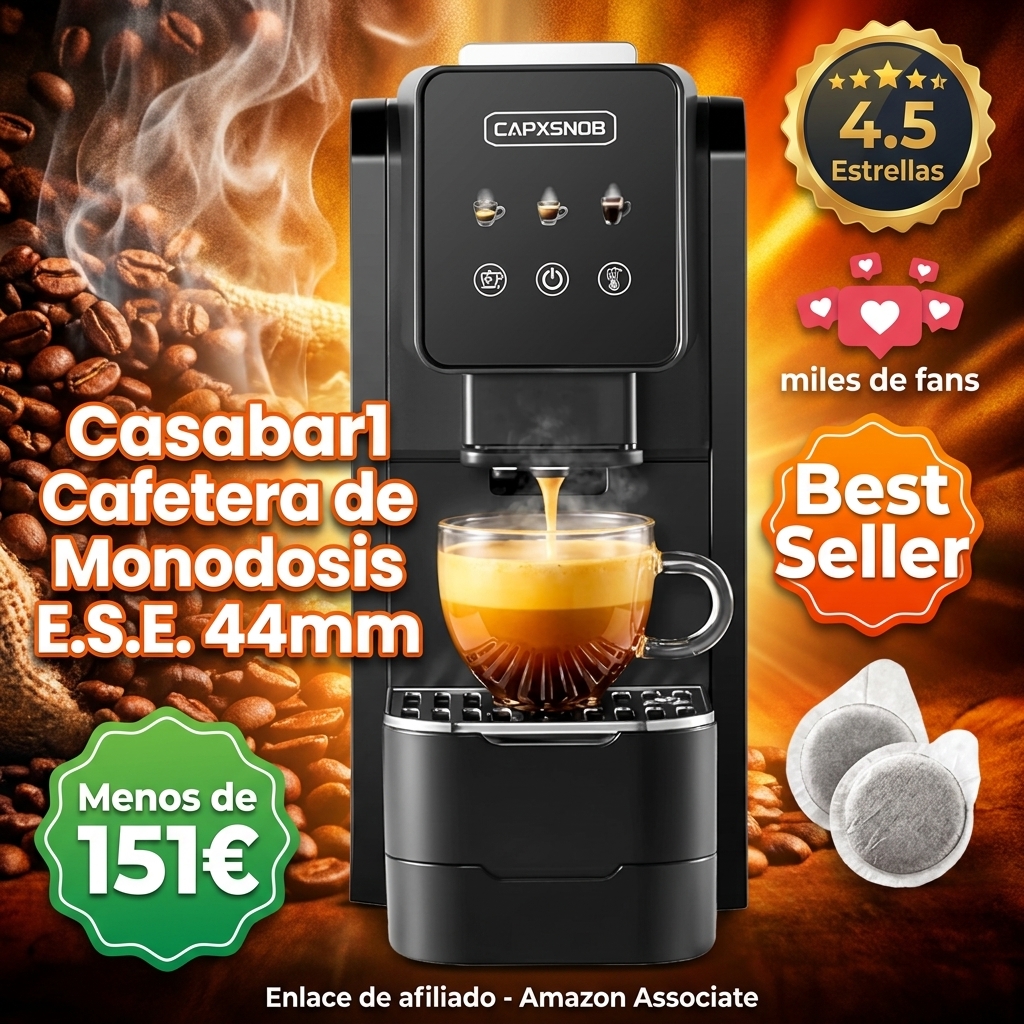 Casabar1 Cafetera de Monodosis E.S.E. 44mm, Pantalla Táctil, 4 Bebidas | Bomba Italiana 19 Bar, Pre-Infusión, Temp. y Cantidad Ajustable, Bypass Americano, Cafetera Espresso para Hogar y Oficina