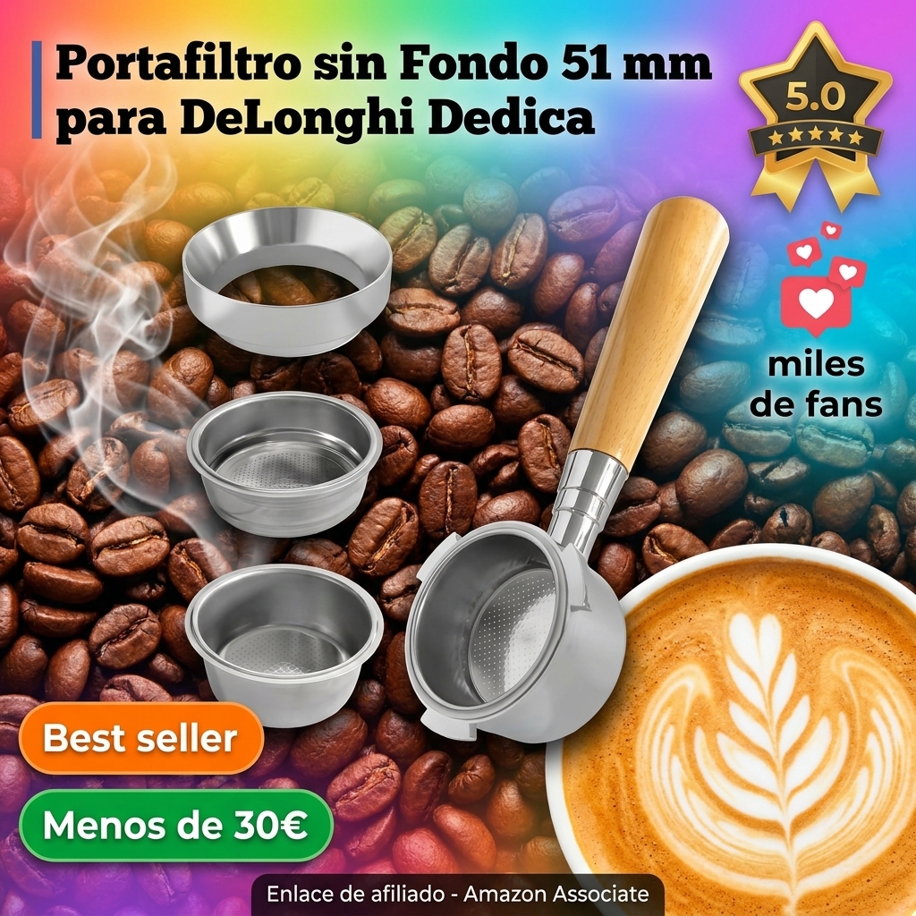 Portafiltro sin Fondo 51 mm compatible con DeLonghi Dedica EC680, EC685, EC695, EC785, EC885 y SMEG ECF01, 3 Orejas, 2 Cestas, Anillo Dosificador, Acero Inoxidable y Madera Maciza de Haya
