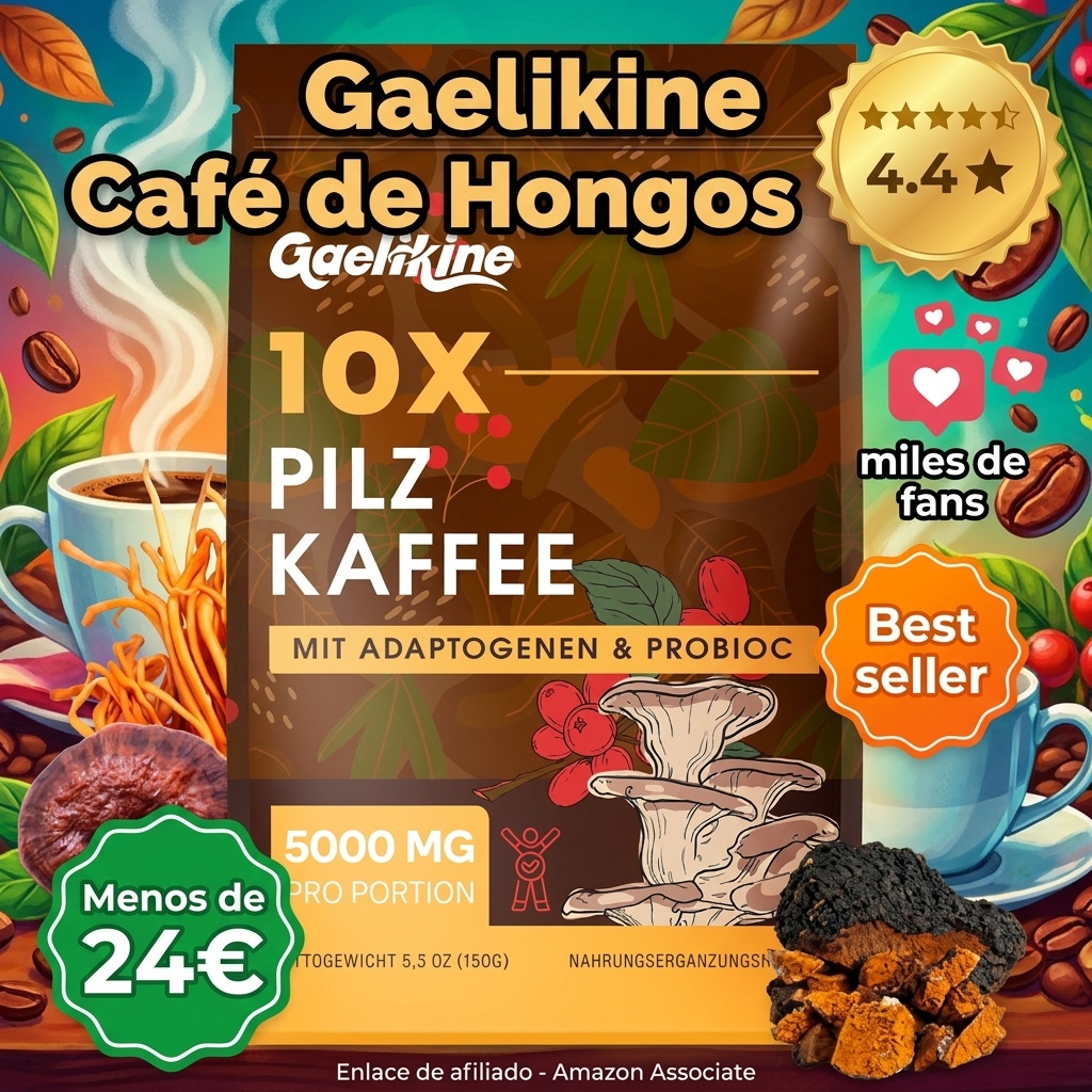 Gaelikine Café de Hongos, Mezcla de 10 Hongos con Adaptógenos, Café Instantáneo de Arábica con Melena de León, Chaga, Reishi y Cordyceps, Extracto de Hongos en Polvo, 150 g