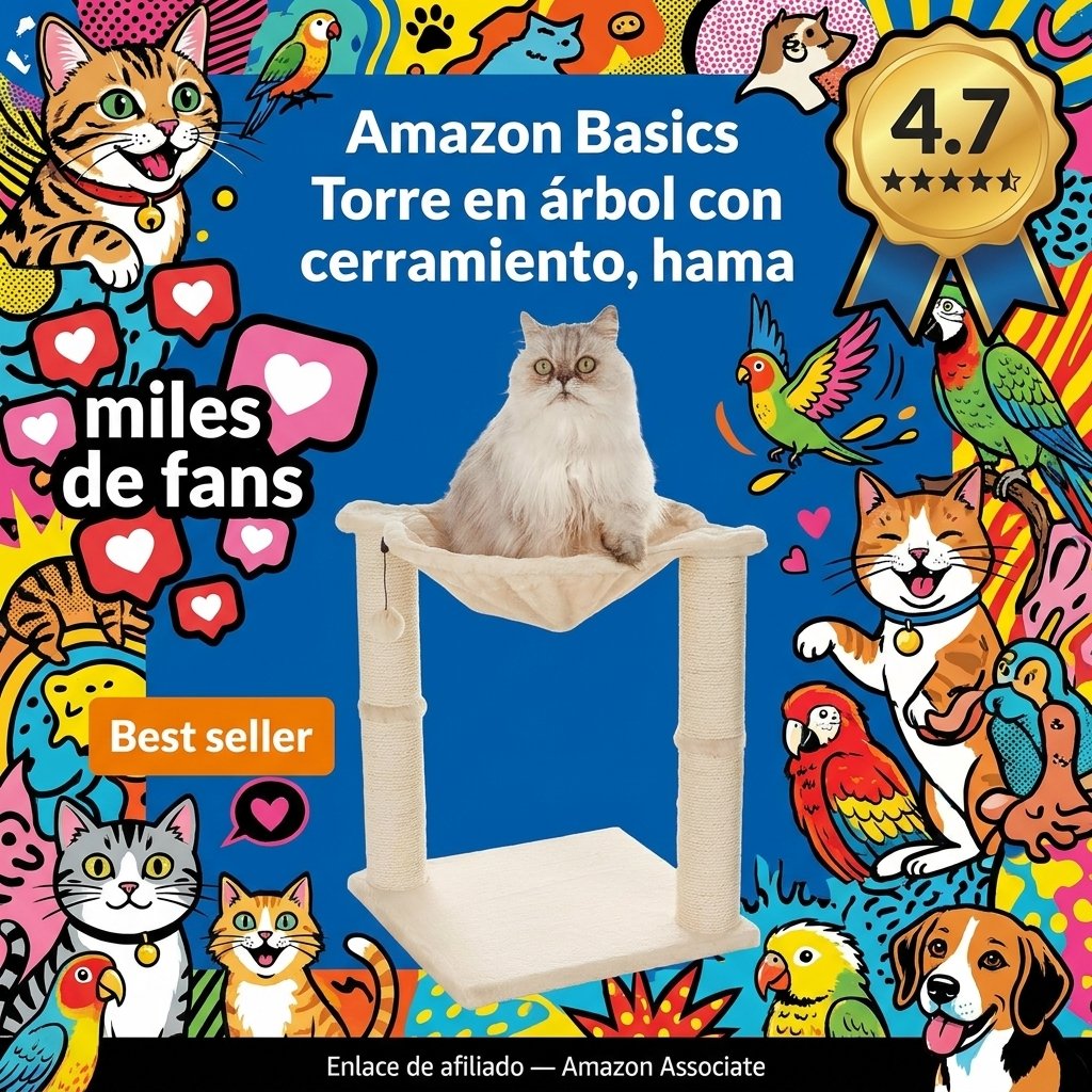 Amazon Basics Torre en árbol con cerramiento, hamaca, cama y poste rascador para gatos, 40,6x50,8x40,6 cm, beige