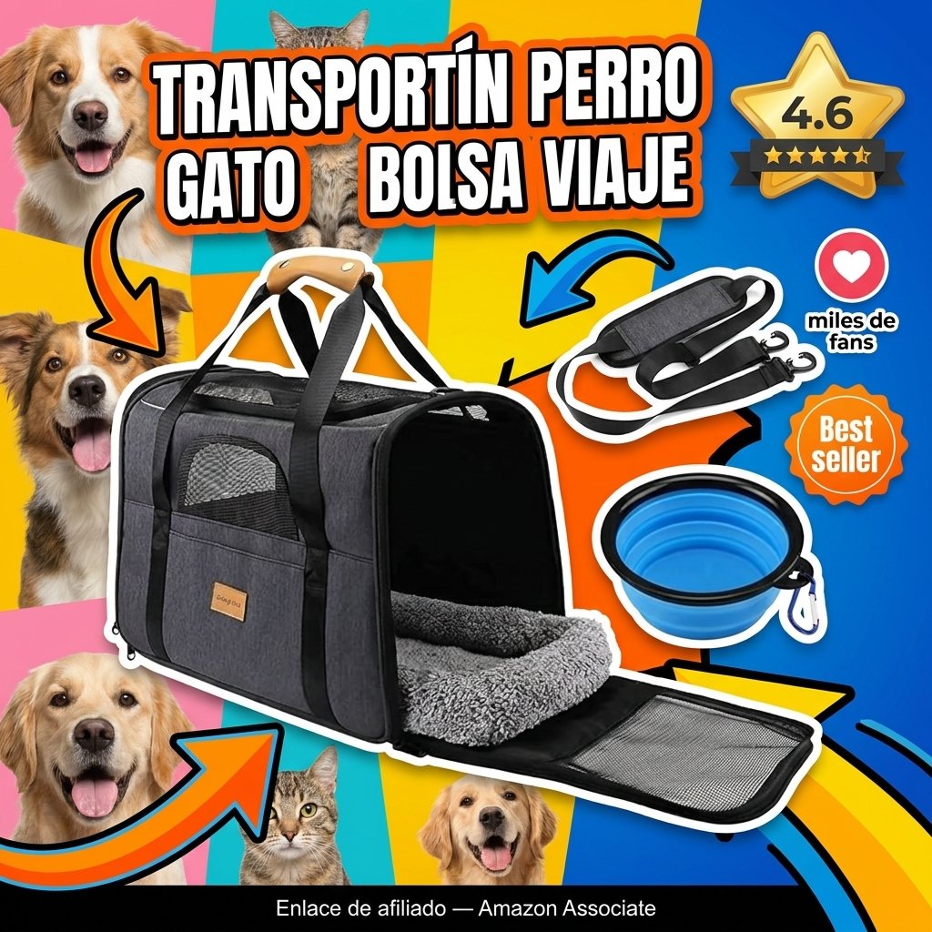 Transportín Perro Gato, Bolsa de Transporte Transpirable para Mascotas, Portador de Viaje con Correa de Hombro Ajustable, Transporte de Gato con Colchón Suave + Tazón Plegable (17.3*12.2*13.4 inch)