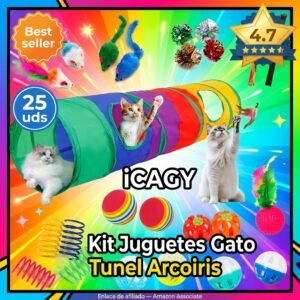 iCAGY Kit de Juguetes para Gatos 25 Piezas – con Tunel Arcoiris