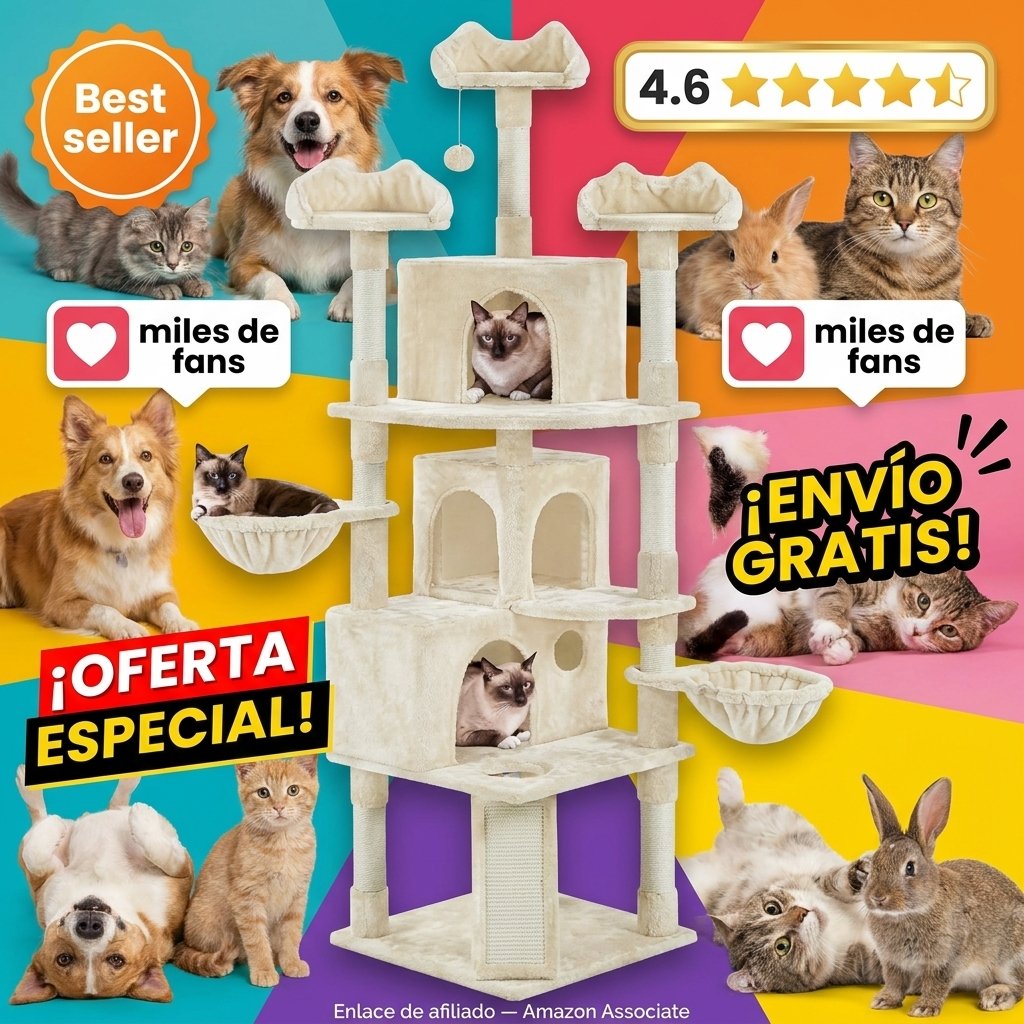 Yaheetech Árbol Rascador para Gatos Torre Escalador para 1-3 Gatos Medianos Rascador Postes con Plataforma 55,5x55,5x194 cm Beige