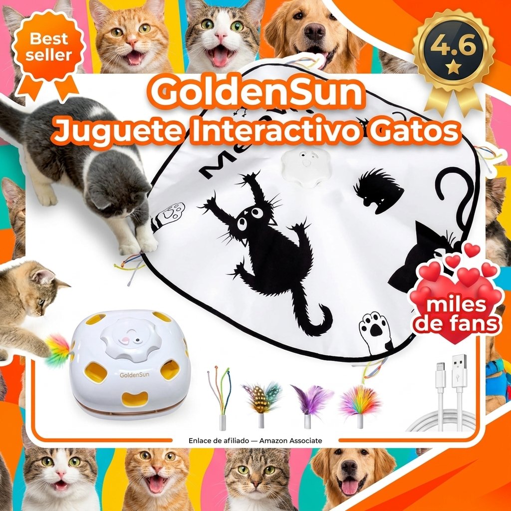 GoldenSun Juguetes para Gatos Recargable, Juguete Interactivo 4 en 1 para Gatos, Escondite, Golpea al Topo, Varita Mágica, Persecución de Plumas, Incluye 4 Repuestos
