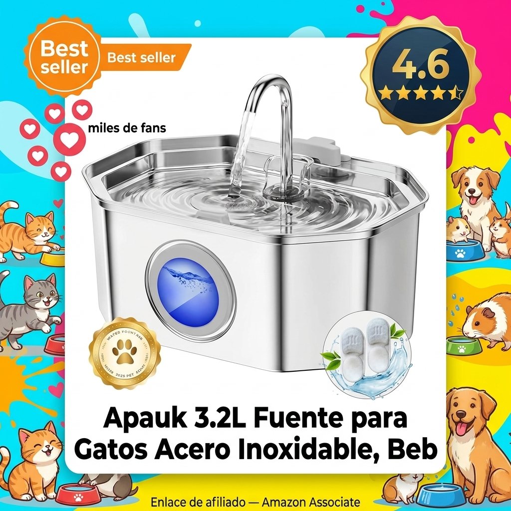 Apauk 3.2L Fuente para Gatos Acero Inoxidable, Bebedero Gatos, Silencioso Fuente de Agua para Gatos, con Ventana LED, Sistema de Filtro Multicapa Libre de BPA (con 2 Filtros y 2 Esponjas)
