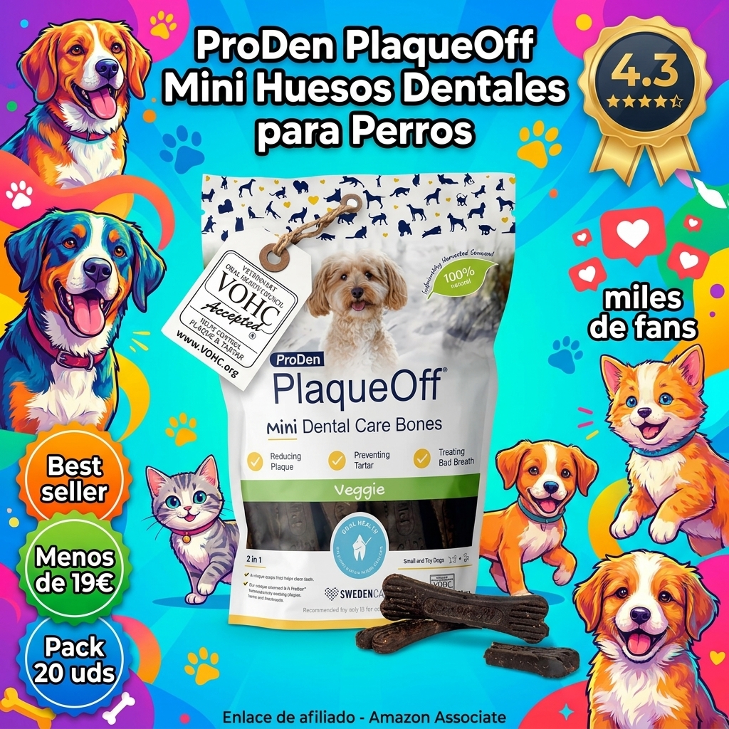 ProDen PlaqueOff 20 Mini Huesos Dentales Sabor Vegetal para Perros Pequeños – Limpiador Sarro Dental, Placa y Mal Aliento – Huesos para Perros Pequeños Snacks para Perros