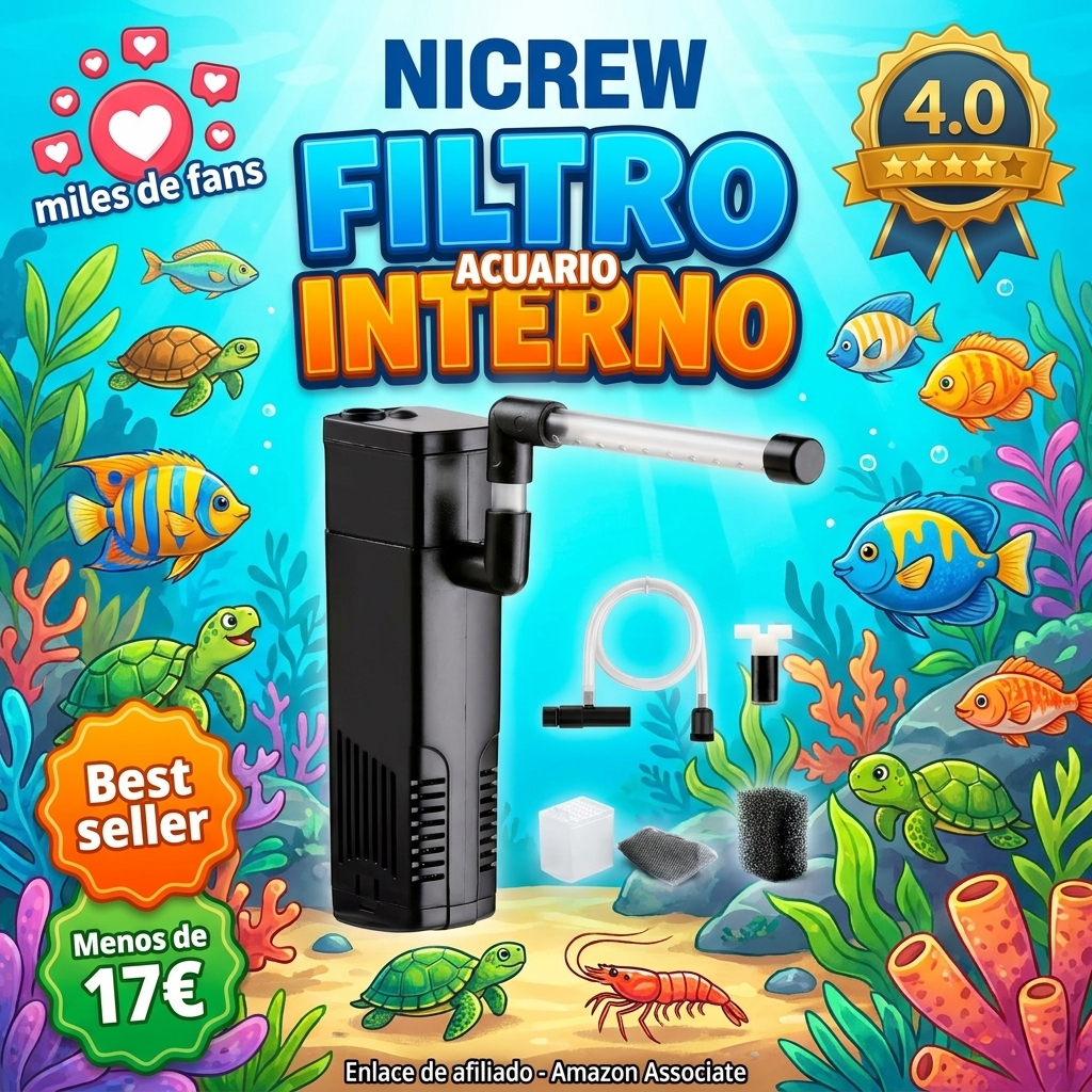 NICREW Filtro para Acuario 20 L, Filtro Acuario Interno con Carbón Activado de Flujo 150 L/H, Filtros Internos para Acuarios, 3.5 W