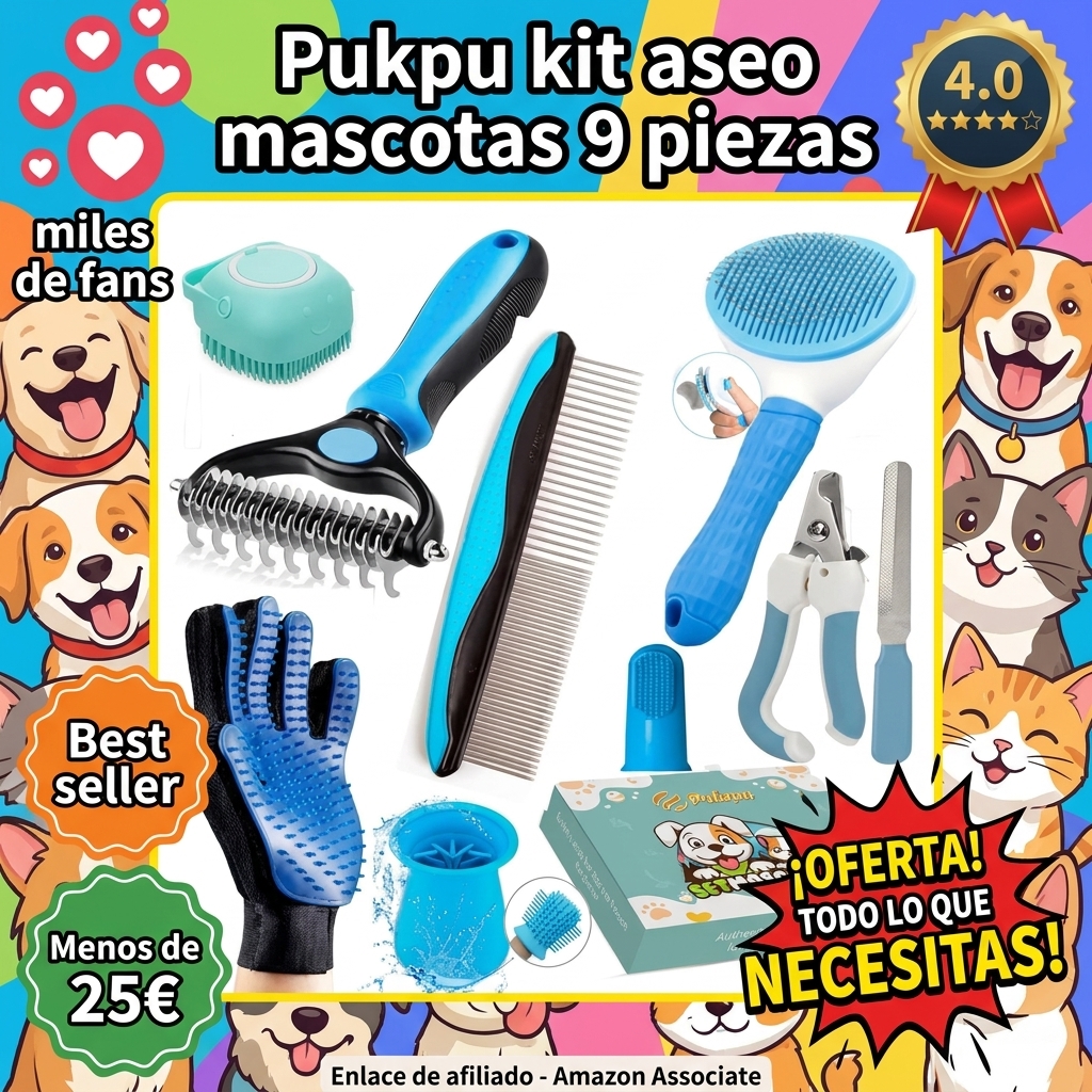 Kit Aseo Mascotas 9 Piezas – Cepillo Pelo Corto Perro, Deslanador, Guante Quitapelos, Cortaúñas Gato, Limpia Patas, Peine y Cepillo Dental
