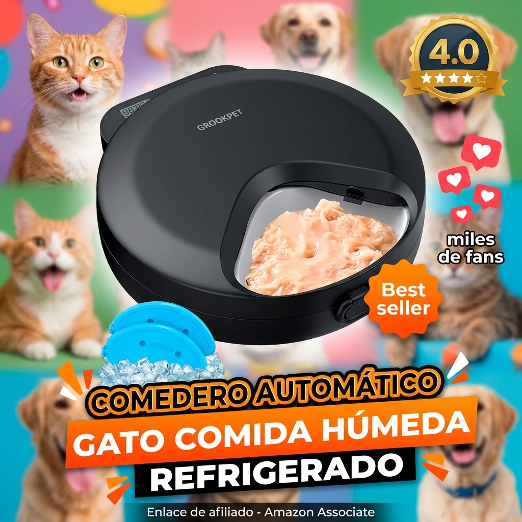 Comedero Gato Automatico Comida Humeda: Dispensador Comida Gatos/Perros con Temporizador Programable y Refrigerado - Alimentador Gato sin Cable a Pilas - 1-4 Comidas para Pequeño/Mediano Mascota