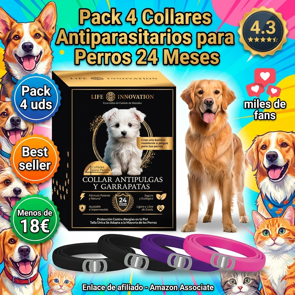 Pack 4 Collares Antiparasitarios para Perros, 24 Meses de Protección contra Pulgas, Garrapatas y Mosquitos - 100% Natural, Impermeable, Ajustable, para Todos los Tamaños.