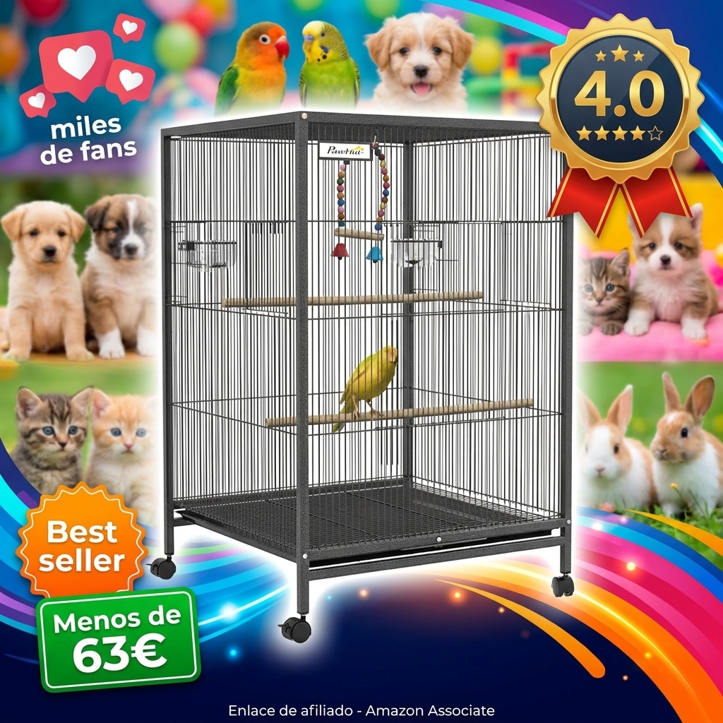 PawHut Jaula para Pájaros con Ruedas, Pajarera de Acero con Perchas, Columpio Bandeja Extraíble y Cuencos de Acero Inoxidable, Jaula Grande para Loros, Canario, Periquito, 48x46x78 cm, Gris