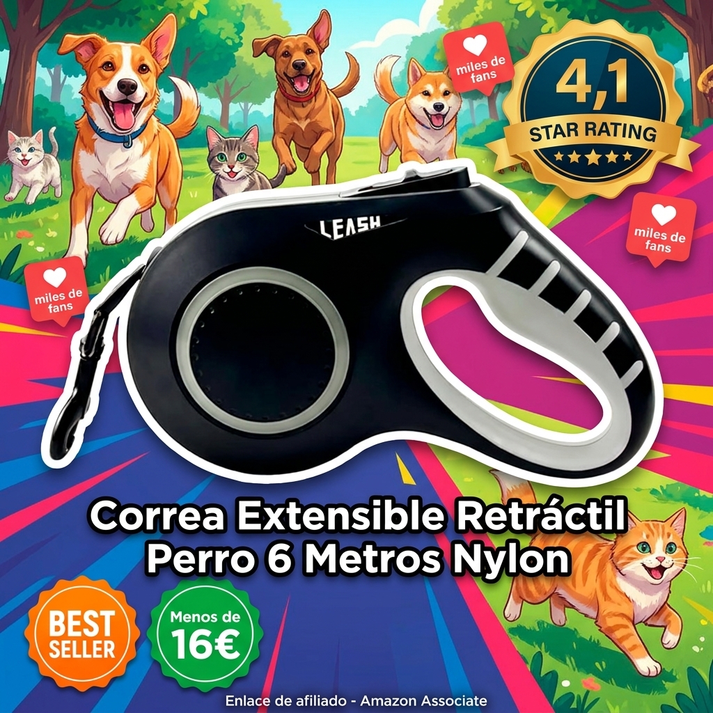 Correa Extensible Perro Que Facilita Tus Paseos Nocturnos. Retráctil Sin Enredos, con Luces led y Linterna, Cinta de Nylon Resistente, Bloqueo de Pausa con una Mano, Color Negro (Negro SIN LED)