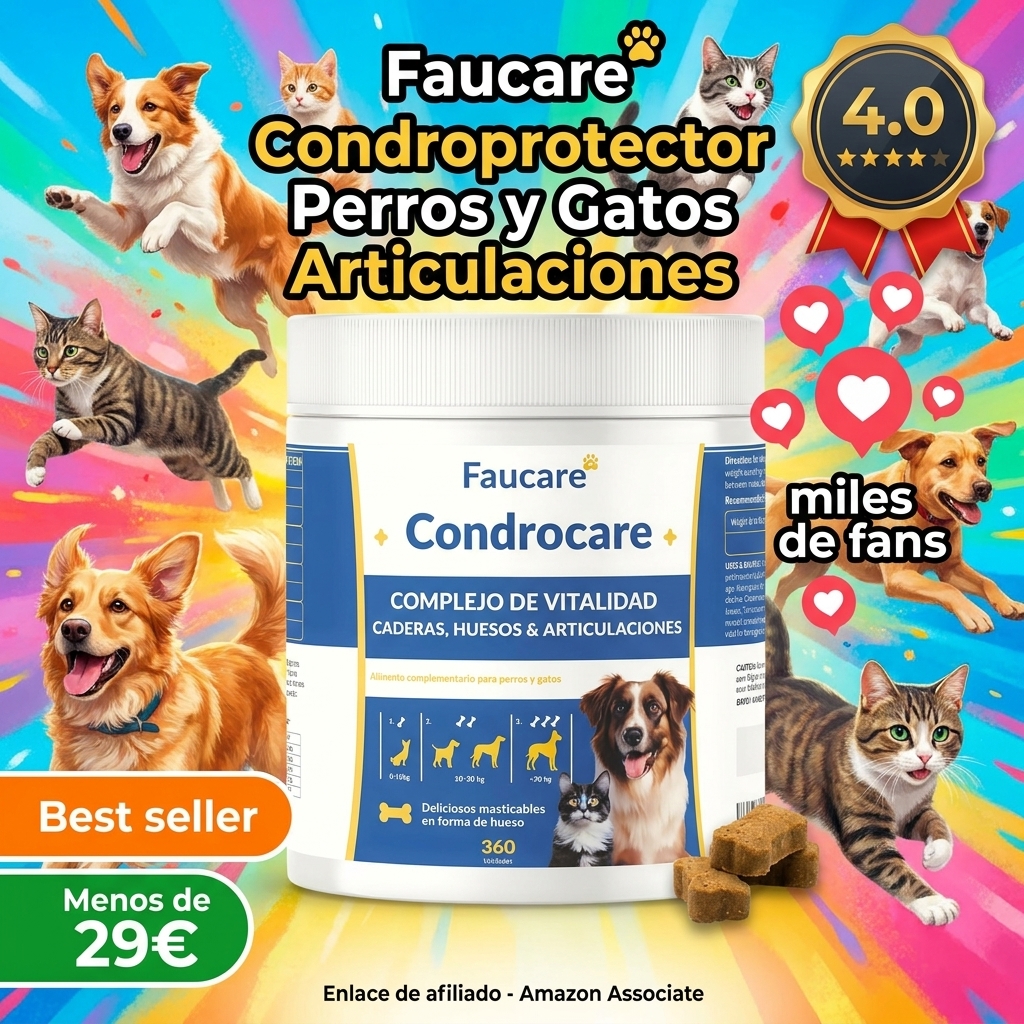 Condroprotector Perros 360 Uds (1 Año) Colágeno Magnesio y Calcio, Mantenimiento Articular, Glucosamina, Condroitina, Cúrcuma, Vitality Complex para Movilidad, Huesos. Faucare