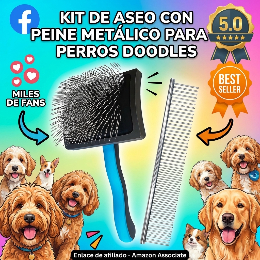 Kit de aseo personal Peine Metálico para Perros, Ideal para Goldendoodles, Poodles y Labradoodles, Cepillo Desenredante para Pelo Largo y Rizado, Elimina Nudos y Pelo Muerto